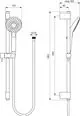 Drahtloses Duschsystem von Ideal Standard mit Handbrause, Halterung und Schlauch, skizzierte Maße zur Installation, inklusive Anschlussdetails.